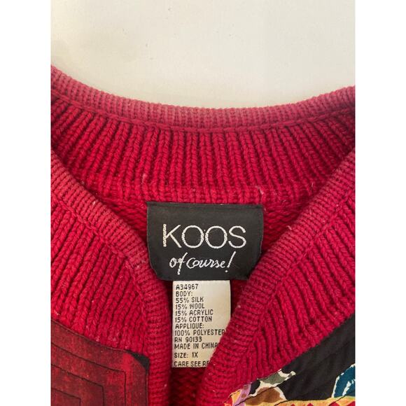 KOOS of Course! Red Open Cardigan Applique Sweater Silk Wool Sz 1X Asian Kimono - Picture 9 of 11